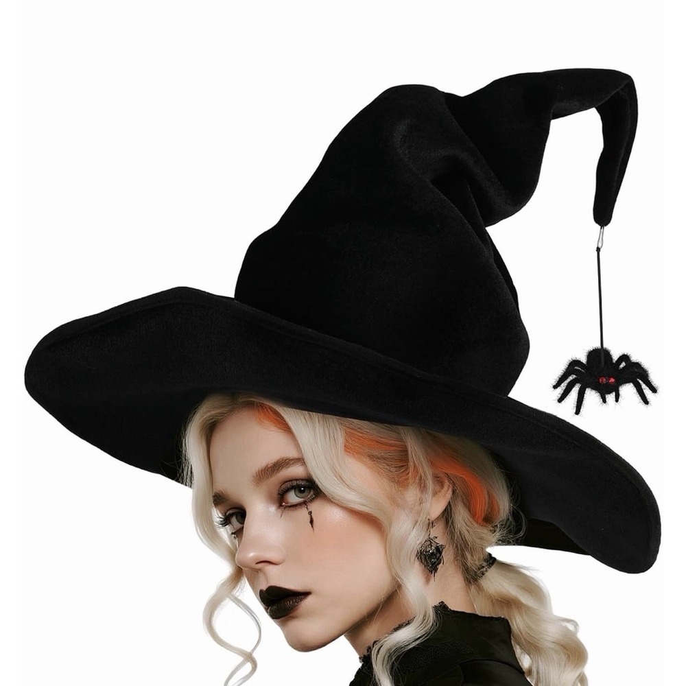 Black Witch Hat w/ Hanging Spider Adjustable Halloween Costume Adult Teen